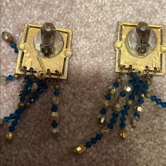 Gold and Blue Dangle Earrings clip ons - Picture 3 of 3